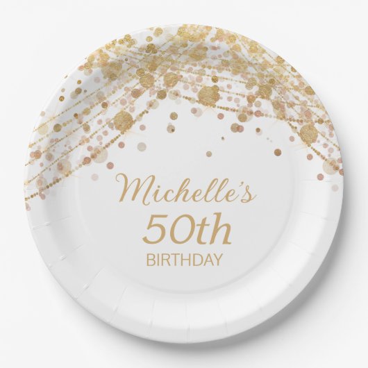 Wit Goud Glitter String Lights Verjaardagsfeest Papieren Bordje (Voorkant)