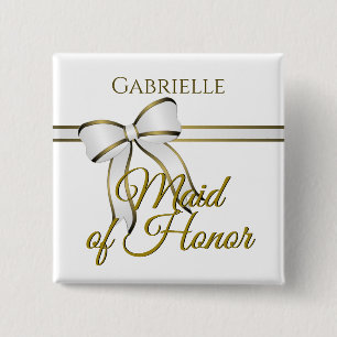 Wit & Goud Lint Bruiloft Maid of Honor Naam Tag Vierkante Button 5,1 Cm