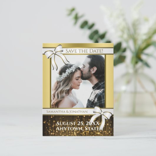 Wit & Goud Lint Bruiloft Save the Date Briefkaart (Staand voorkant)