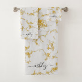 Wit Goud Marmer Glitter Sparkle Script Naam Bad Handdoek (Insitu)
