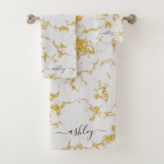 Wit Goud Marmer Glitter Sparkle Script Naam Bad Handdoek (Insitu)