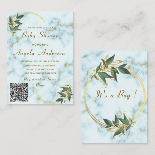 Wit Goud Marmer QR Code Baby shower Uitnodiging (Voorkant / Achterkant)