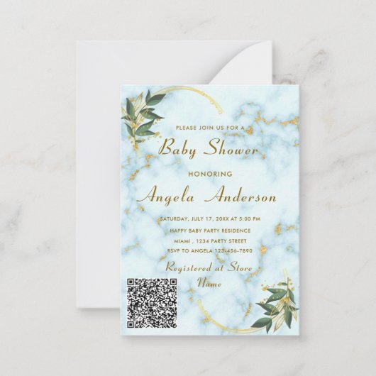 Wit Goud Marmer QR Code Baby shower Uitnodiging (Voorkant)