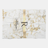 Wit & Goud Marmeren Gouden Bar Script Naam, Monogr Theedoek (Horizontaal)