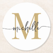 Wit Goud Modern Monogram Naam Elegant Schrift Ronde Kartonnen Onderzetter (Voorkant)