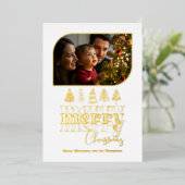 Wit & Goud Moderne Retro Doodle Kerst Foto Folie Feestdagenkaart (Staand Voorkant)