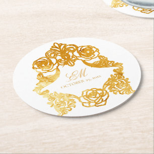 Wit & Goud  Monogram Crest Bruiloft Logo Ronde Kartonnen Onderzetter