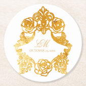 Wit & Goud  Monogram Crest Bruiloft Logo Ronde Kartonnen Onderzetter (Voorkant)