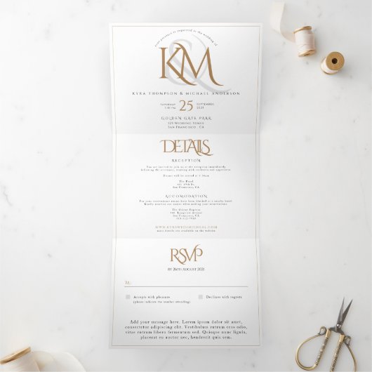 Wit Goud Monogram Modern Alles in één bruiloft Drieluik Uitnodiging (Binnen)