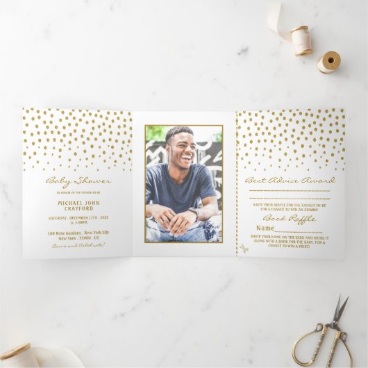 Wit & Goud Polka Dot, Baby shower Suite Drieluik Uitnodiging (Binnen)
