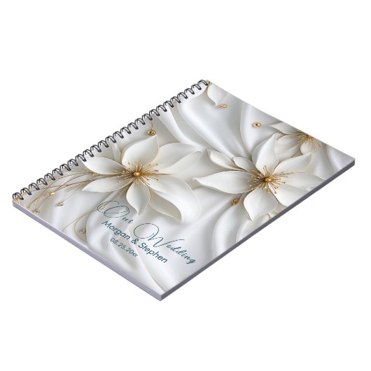 Wit & Goud Satijn Bloemen Bruiloft Planner Notitie Notitieboek (Linkerzijde)