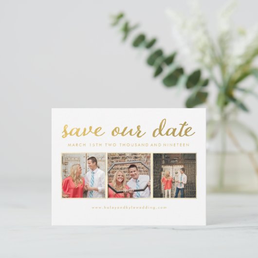 Wit Goud Script Bewaar onze datum Foto Briefkaart (Staand voorkant)