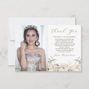 Wit Goud Zilver Winter Foto Bloemen Quinceañera Bedankkaart