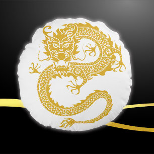 Wit, Goud & Zwart, Chinese Draak Zodiac Rond Kussen