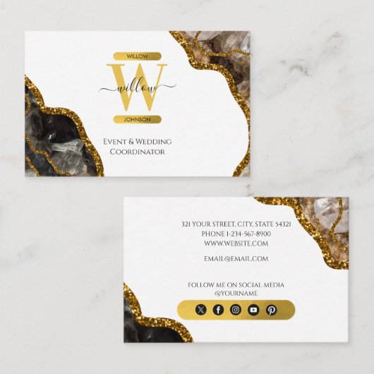 Wit & Gouden Agaat Geode Glitter Monogram Marmer Visitekaartje (Voorkant / Achterkant)