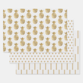 Wit Gouden Ananas Stippen Strepen Effen Inpakpapier Vel
