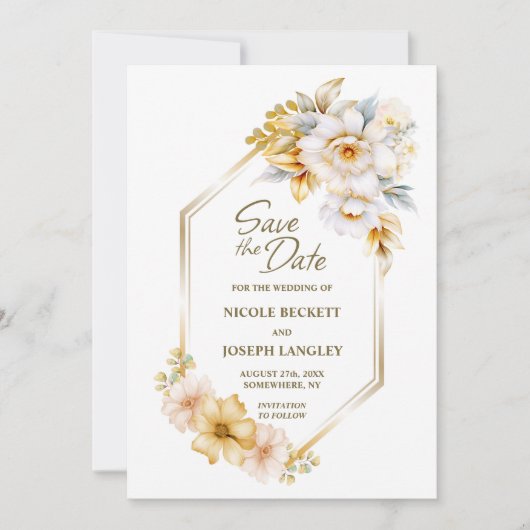 Wit Gouden Bloemen Geometrische Huwelijk Save the Save The Date (Voorkant)
