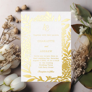 Wit gouden botanisch monogram luxe trouwfeest folie uitnodiging