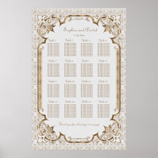 Wit Gouden Gatsby Art Deco Zitplaatskaart Poster (Voorkant)