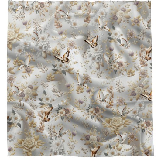 Wit Gouden Rozen, Champagne Zijde & Vlinders Douchegordijn (Voorkant)