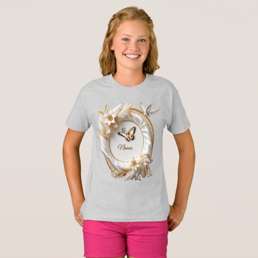 Wit Gouden Rozen, Champagne Zijde & Vlinders T-shirt (Voorkant volledig)