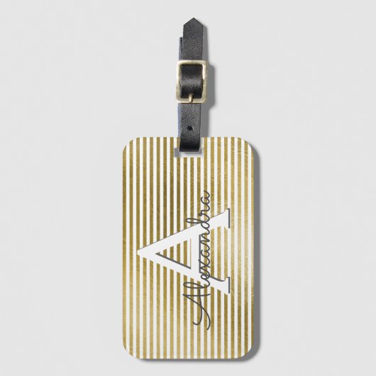 Wit & Goudfolie Gestreept Monogram & Initiaal Bagagelabel (Voorkant (verticaal))