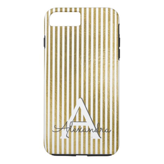 Wit & Goudfolie Gestreept Monogram & Initiaal Case-Mate iPhone Case (Achterkant)