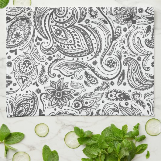 Wit & Grijs  Bloemen Paisley Theedoek (Gevouwen)