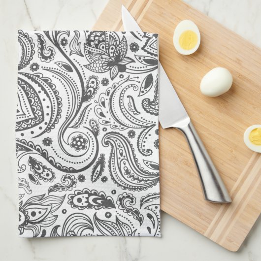 Wit & Grijs Bloemen Paisley Theedoek (Quarter Fold)