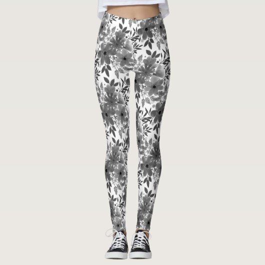 Wit & Grijs Monochromatisch Bloempatroon Leggings (Voorkant)