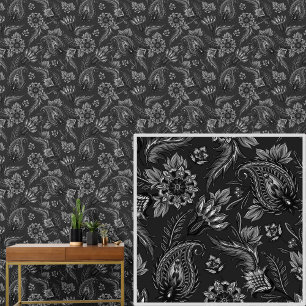 Wit Grijs op Zwart Bloemen Paisley Elegant Behang