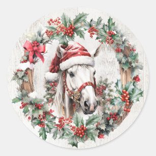 Wit grijs paard Kerstmis holly bessen krans hout Ronde Sticker