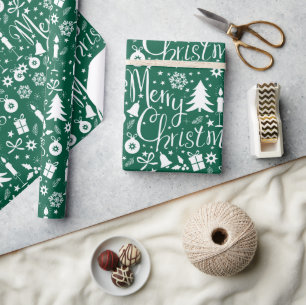Wit Groen Kerstthema Patroon Cadeaupapier