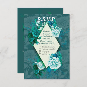 Wit/Groen Roos Bloemen op Groen patroonpapier RSVP Kaartje