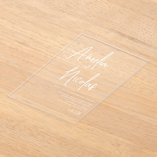 Wit handgeschreven script minimalistische bruiloft acryl uitnodigingen (Laagn)