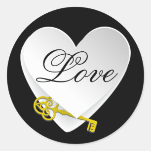 Wit hart op zwart met gouden sleutel & liefde brui ronde sticker