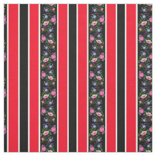 Wit, helder rood/folk bloemen/streep/zwart stof