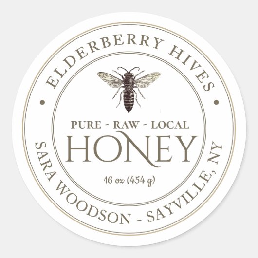 Wit honingetiket met  koningin ronde sticker (Voorkant)