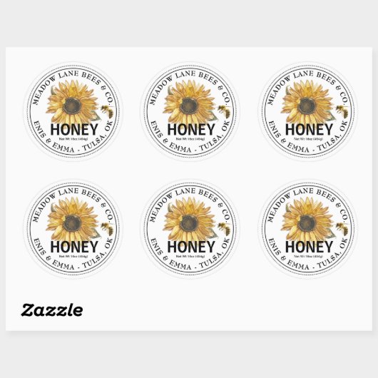 Wit honingetiket met zonnebloem en honingbijen ronde sticker (Vel)
