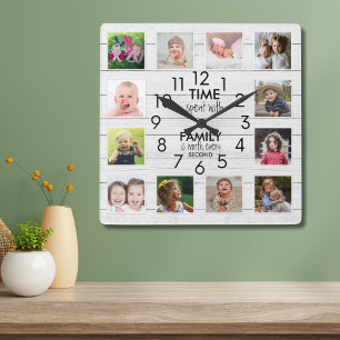 Wit hout 12 foto collage Familietijd citaat   Vierkante Klok
