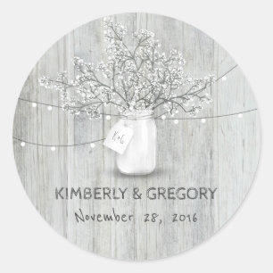 Wit Hout Rustieke Mason Jar Baby's Breath Bruiloft Ronde Sticker