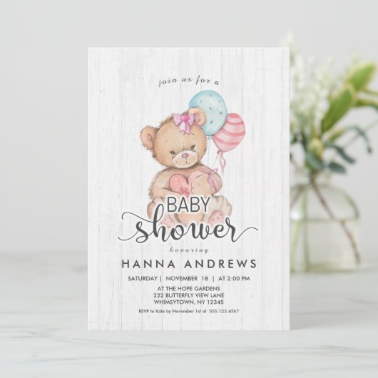 Wit Hout Teddy Bear Meisje Baby shower Uitnodiging (Staand voorkant)