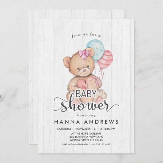 Wit Hout Teddy Bear Meisje Baby shower Uitnodiging (Voorkant / Achterkant)