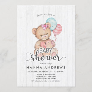 Wit Hout Teddy Bear Meisje Baby shower Uitnodiging