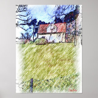 wit huis op de heuvel poster