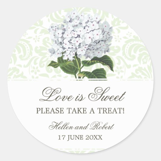 Wit Hydrangea Bruiloft Snoep Buffet Ronde Sticker (Voorkant)