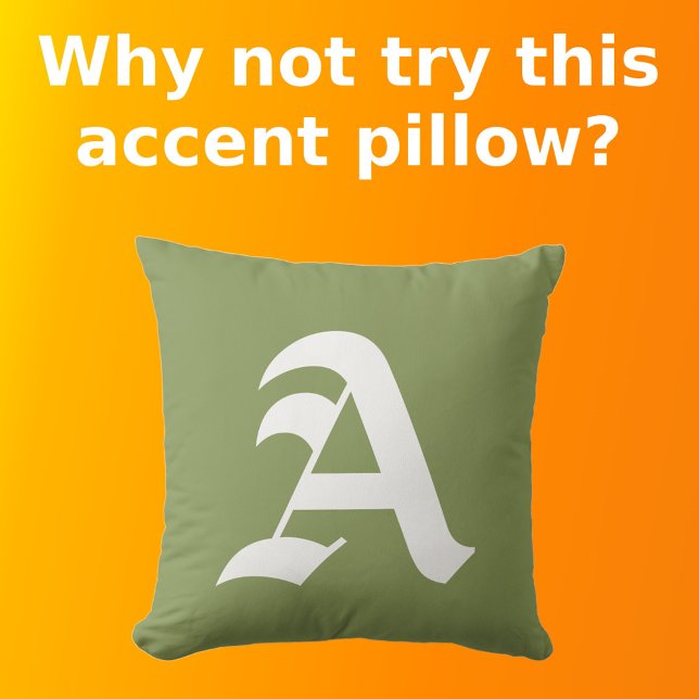 Wit Initiaal Monogram op olijfgroen minimalistisch Kussen (Front with Background)