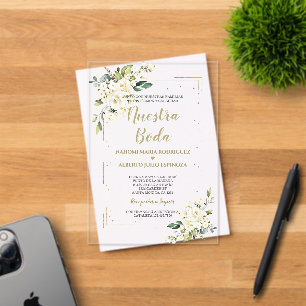 Wit Ivoor Floral Gold Nuestra Boda Kalligrafie Acryl Uitnodigingen