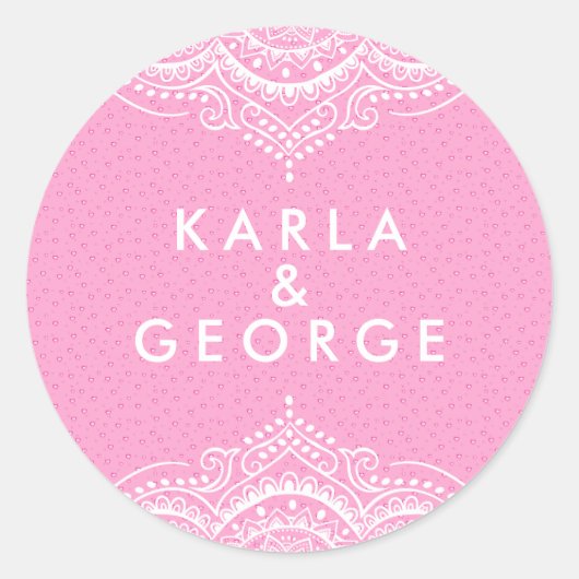  wit kant & roze hartenpatroon ronde sticker (Voorkant)