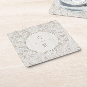 Wit kanten hout rustiek land bruiloft monogram vierkante kartonnen onderzetter